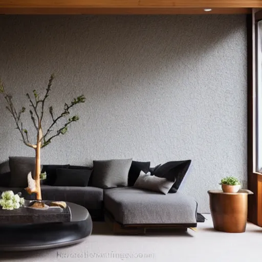 Image similar to lounge and dining room, stone, interior design, stylish luxury hotel living room design, yakisugi, black vertical slatted timber, textures, feminine, black walls, art, Japanese pottery vase with flowers, kakejiku, seasonal, Japanese influences