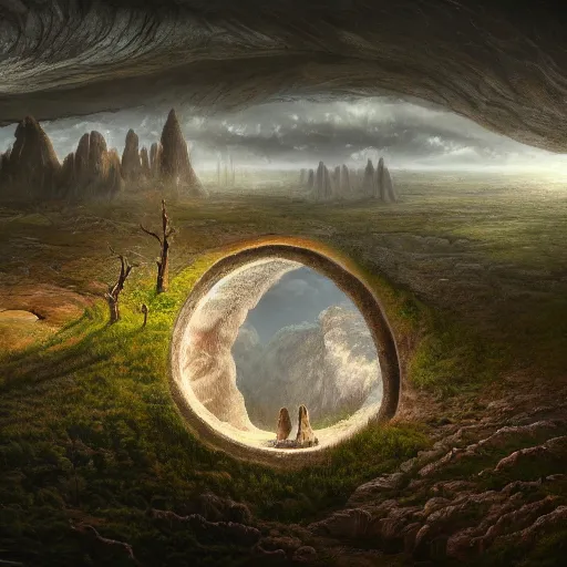 Image similar to photorealistic, the circular hollow earth fantastical landscape with the dreaming god in the middle of it, by anton semenov, trending on artstation, 4 k hd, gigapixel, fantasy art, sharpness applied, hyperrealism, low light, dark rainbow