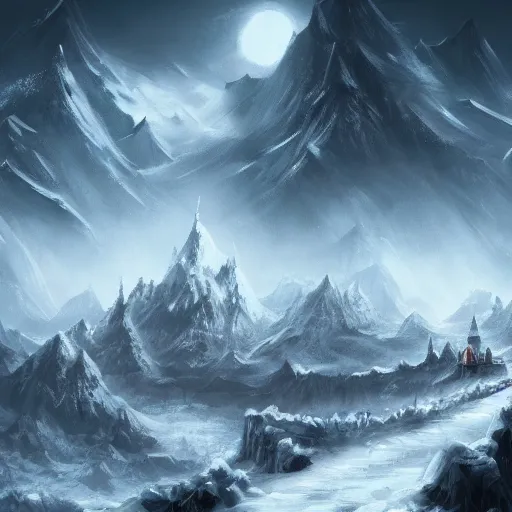 Image similar to dark fantasy concept art of a snow mountain with a small village on it at night, dynamic lighting, ambient lighting, atmospherical, stunning visuals, creative, cinematic, ultra detailed trending on art station, 8k quality, lonely vibe