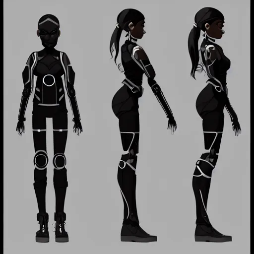 Prompt: A teen black cyborg, weta digital character model sheet turnaround, studio, trending in Artstation, official media, 4K HD, by Bill Presing and Ilya Kuvshinov