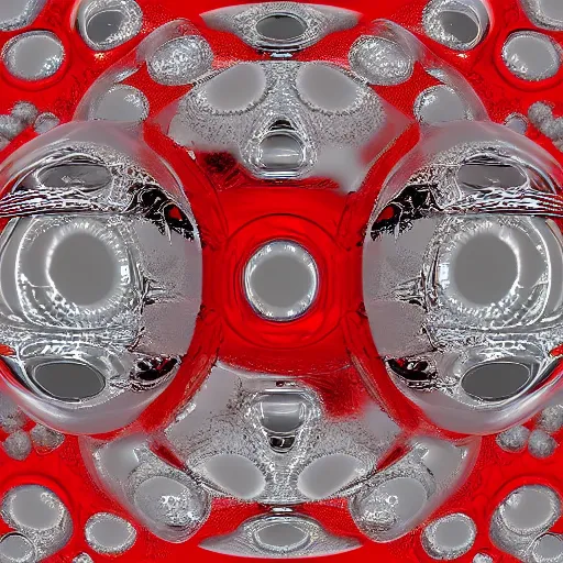 Prompt: chrome spheres on a red cube, fractal