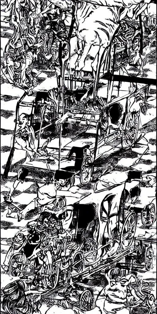 Prompt: man riding a chariot car being pulled by tigers colored and drawn by Junji Ito.