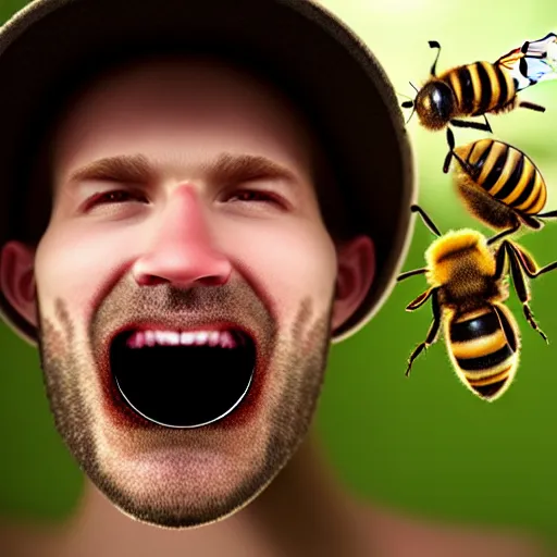 Image similar to photograph of bees crawling out of a smiling mans mouth, 8k resolution, high detail, ULTRA REALISTIC VFX, reflections