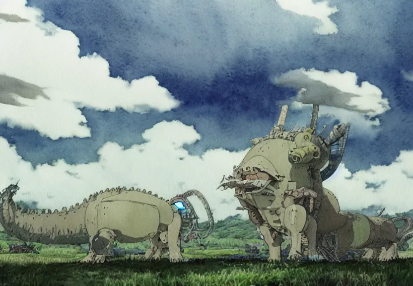 Image similar to a hyperrealist watercolor concept art from a studio ghibli film showing a giant grey mechanized prehistoric beast from howl's moving castle ( 2 0 0 4 ). stonehenge is under construction in the background, in the rainforest on a misty and starry night. by studio ghibli. very dull muted colors