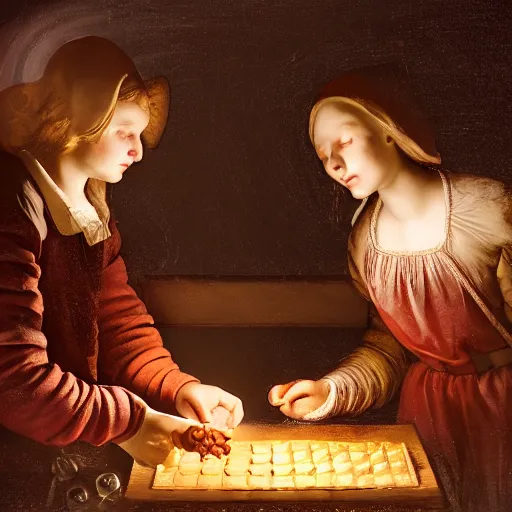 Prompt: one young man and one young woman baking waffles in romantic light painted by davinci