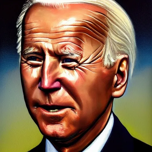 Image similar to Highly detailed close-up painting of President Joe Biden’s face, slight smirk, single tear rolling down his cheek, dark background, reflection of fire in his eyes, oil on canvas, painting by Chuck Close in the style of Hans Memling