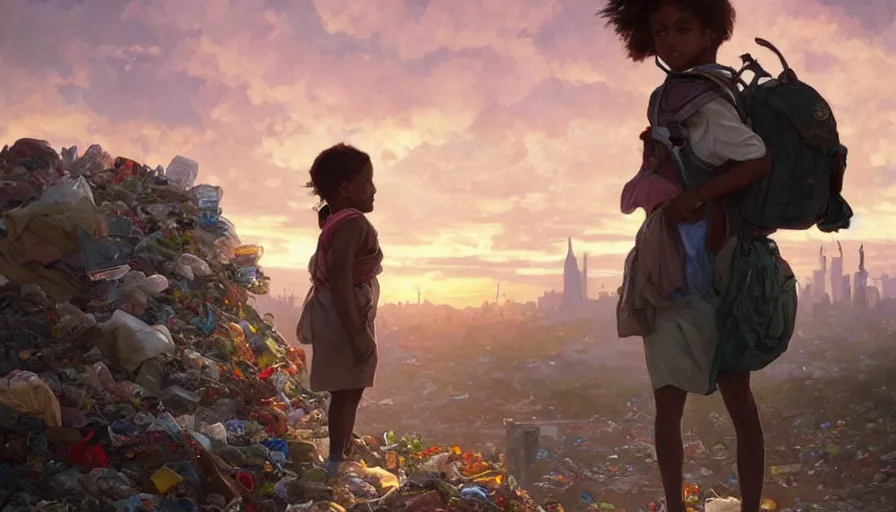 Image similar to poor detailed child with backpack looking for food at garbage dump, city is pure wasteland, sunset in background, detailed characters, alphonse mucha, greg rutkowski, trending on artstation, artgerm, breathtaking, sharp focus, smooth, mark arian, award winning, highly detailed 4 k art