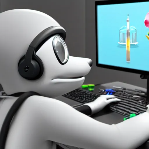 Image similar to An anthropomorphic grey dolphin dressed as a chemist playing games on a computer, digital painting, close-up, wearing a headset