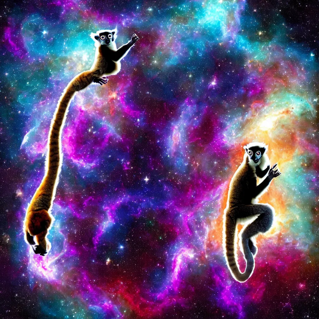Prompt: a lemur doing an inspiring yoga pose in cosmic space with nebula and stars, detailed and breathtaking digital art, award winning, kodachrome