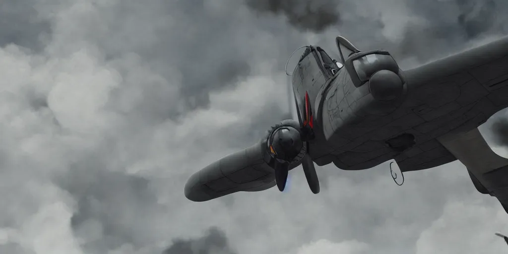 Image similar to close up cinematic shot of a world war two bomber with turret gunner, ghibli style