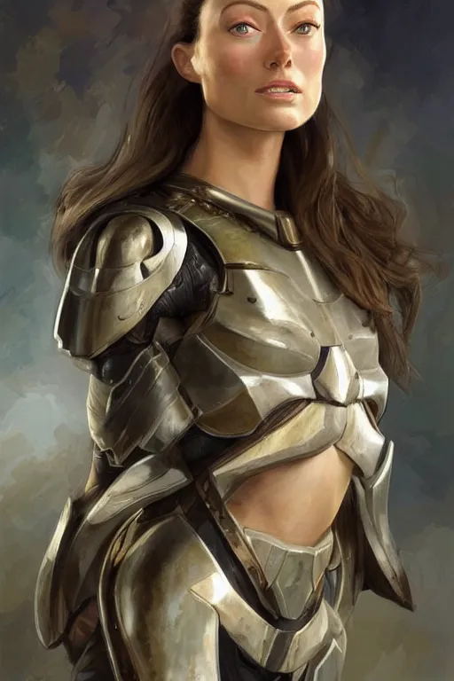 Image similar to a professional painting of a young Olivia Wilde, clothes in military armor, olive skin, long dark hair, beautiful bone structure, symmetrical facial features, intricate, elegant, digital painting, concept art, smooth, sharp focus, illustration, from StarCraft by Ruan Jia and Mandy Jurgens and Artgerm and William-Adolphe Bouguerea