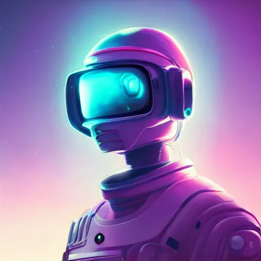 Image similar to cyberpunk astronaut bot, cinema 4 d, galaxy, ufo, space sci - fi, wearing vr goggles, illustration, portrait, pastel neon textured background night, trending on artstation, greg rutkowski, octane rendered, 1 2 k, detailed,