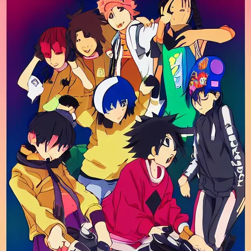 Image similar to gang of anime youths rollerblading, rollerskating, colorful clothes, 2 0 0 1 anime, flcl, jet set radio future, golden hour, japanese town, cel - shaded, strong shadows, vivid hues, y 2 k aesthetic