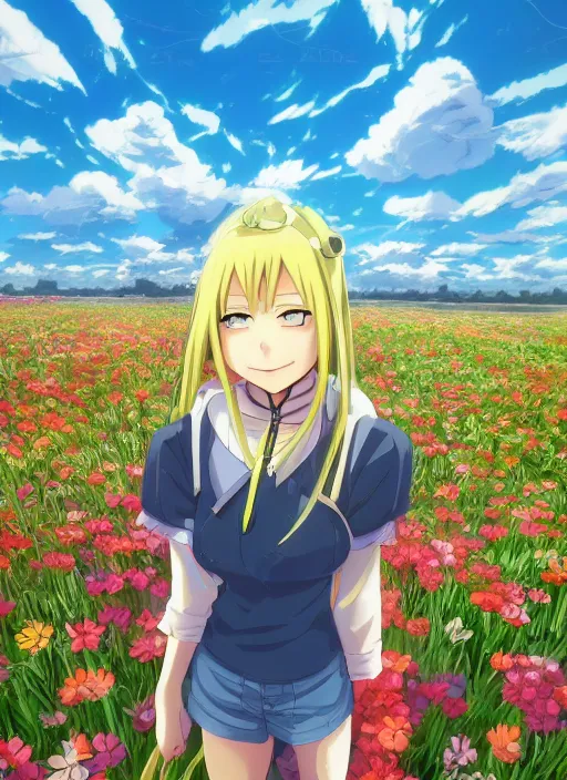 Prompt: winry rockbell from fullmetal alchemist: brotherhood standing in a field of flowers, vibrant colors, anime key visual, lois van baarle, ilya kuvshinov, wlop, rossdraws, 4k, ambient lighting, dynamic lighting, trending on artstation