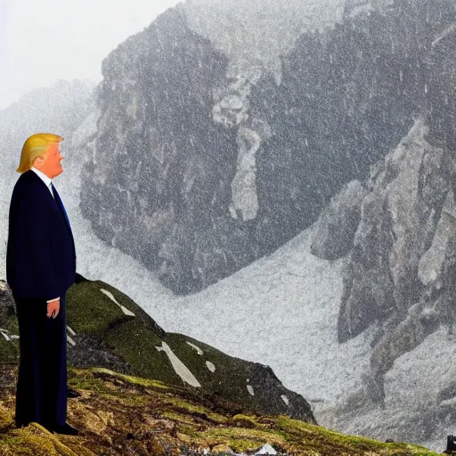 Prompt: donald trump, on top of mountain, rainy day