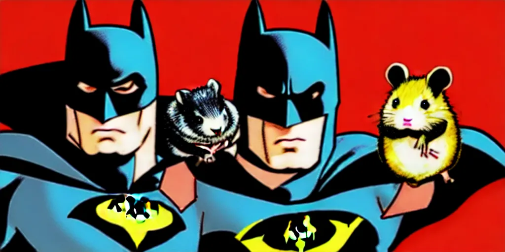 Image similar to Batman posing with a hamster, comic book style