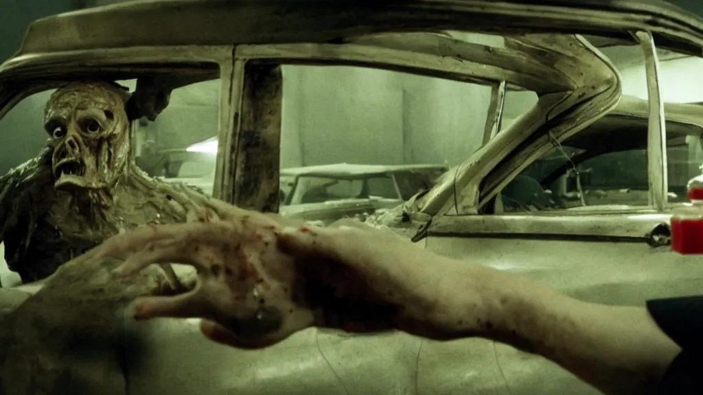 Image similar to the creature sells a used car, made of wax and blood, film still from the movie directed by Denis Villeneuve with art direction by Salvador Dalí, wide lens