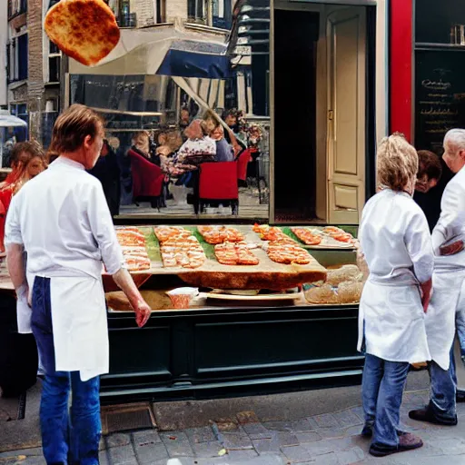 Prompt: Portrait of dutch chefs impressing impressing french people with pancakes in a street in Paris, by Steve McCurry and David Lazar, natural light, detailed face, CANON Eos C300, ƒ1.8, 35mm, 8K, medium-format print