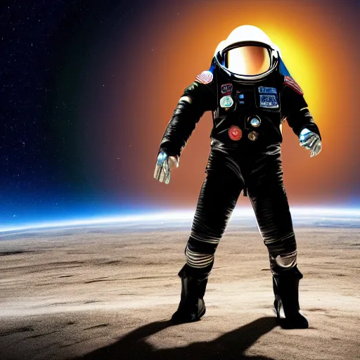 Image similar to a movie still of a spaceman in a futuristic black space suit on a desert planet