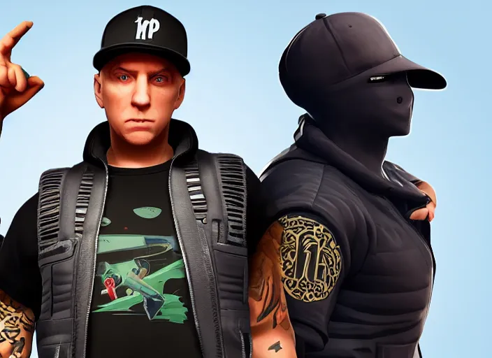 Image similar to eminem as fortnite character, gameplay screenshot