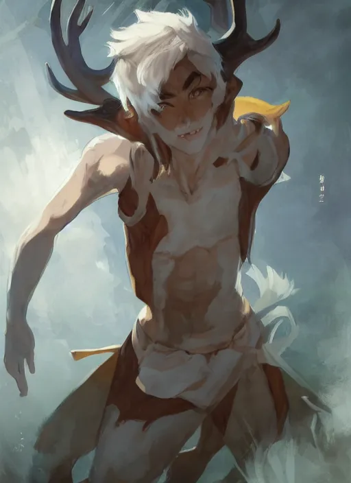 Prompt: concept art painting of an androgynous person with brown skin and short white hair, demon horns, deer makeup, full clothing, blue clothes, blue robes, detailed, cel shaded, in the style of ruan jia and artgerm and makoto shinkai and james gurney