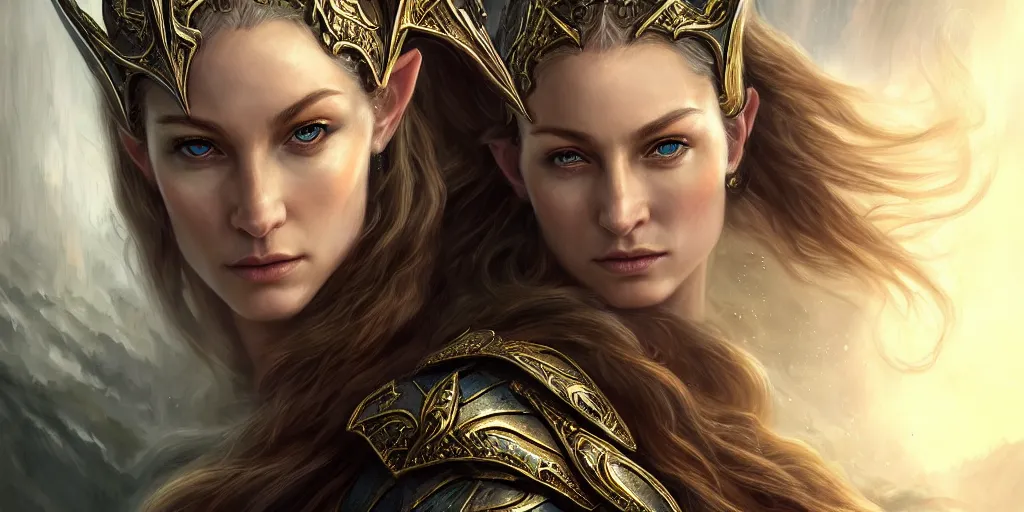 Prompt: Majestic and regal portrait of a riveting and awe inspiring female High Elf nobility, fantasy mountainous background, intricate, epic, elegant, menacing, fantasy, photo realistic, digital painting, hard focus, beautiful volumetric lighting, epic light, ultra detailed, by Leesha Hannigan, Ross Tran, Thierry Doizon, Kai Carpenter, Ignacio Fernández Ríos