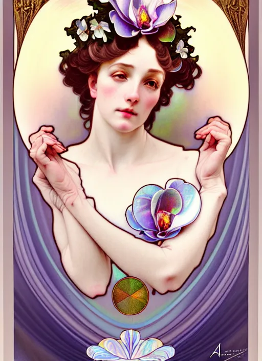 Image similar to magnolias, rococo and art nouveau fusion, iridescent diaphanous refractive and reflective flower bouquet, tarot card, highly detailed, deep focus, elegant, digital painting, smooth, sharp focus, illustration, ultra realistic, 8 k, art by artgerm and alphonse mucha