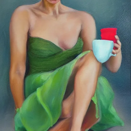 Image similar to Tinkerbell drinking coffee in short green dress with tattered hem, bare feet, hungover, detailed oil painting by Jasmine Beckett-Griffith