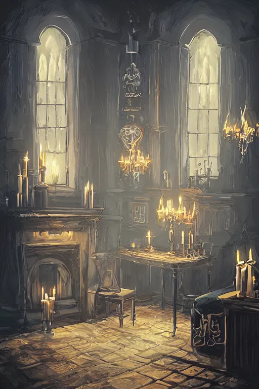 Prompt: a matte painting gothic counter parlor with bottles of potions and flickering candles by alena aenami