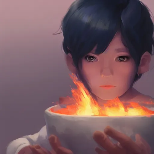 Prompt: a child with grey skin with blues and short brown hair, holding fire, highly detailed, digital painting, artstation, matte, by makoto shinkai, animation style