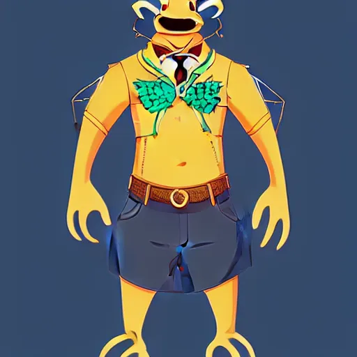 Prompt: in the style of artgerm, loish and pixar, anthropomorphic alligator, symmetrical face, symmetrical eyes, red scales on his back, yellow scale on his belly and chest, male, waring a hawaiian shirt, in the style of zootopia, hd, 4 k, high definition background