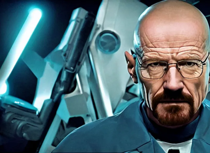 Prompt: film still of Walter White as Gordan Freeman wearing a black HEV suit with a lambda logo in front with a glowing blue portal in the background in the Half Life Movie, 4k