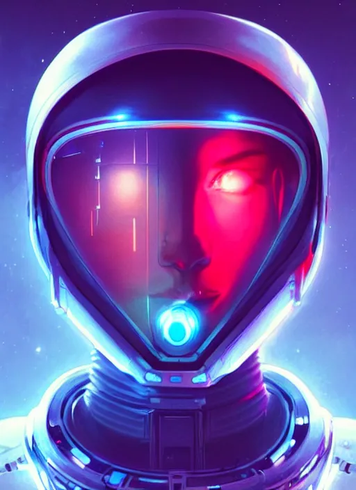 Image similar to a futuristic cyber astronaut, sci fi, glowing aura, volumetric lights, red and cyan theme, art nouveau alien botanicals, intricate, highly detailed, digital painting, artstation, concept art, smooth, sharp focus, cinematic, illustration, beautiful face, art by artgerm and greg rutkowski and alphonse mucha, clear background