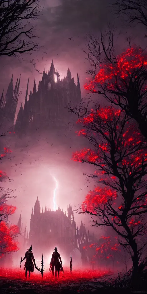 Image similar to abandoned bloodborne old valley with a obscure person at the centre and a ruined gothic city in the background, trees and stars in the background, falling red petals, epic red - orange moonlight, perfect lightning, wallpaper illustration by niko delort and kentaro miura, 4 k, ultra realistic