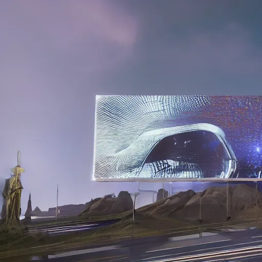 Image similar to sci-fi wall structure on the coronation of napoleon painting and photogrammetry point cloud digital billboard in the middle, unreal engine 5, keyshot, octane, artstation trending, ultra high detail, ultra realistic, cinematic, 8k, 16k, in style of zaha hadid, colors in style of nanospace Michael Menzelincev, colors in style of the Blade Runner 2049, in plastic, dark, tilt shift,