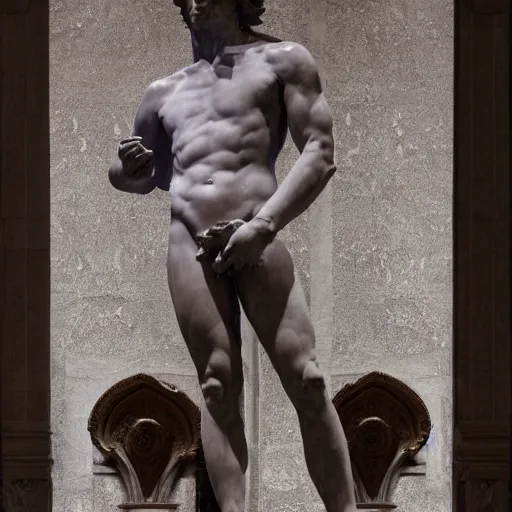 Prompt: marble statue of Michelangelo\'s David made of chocolate, museum photo, 4k, detailed, uncropped, full body