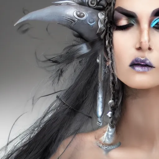 Image similar to a beautiful female pirate with dark grey iridescent skin