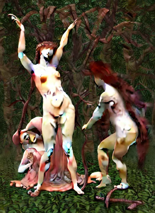 Prompt: pagan girls performing an occult esoteric satanic ritual on a goat in a deep thorns bones bloody 3d vaporwave cyber forest in 5th dimensional space, by william-adolphe bouguereau and Austin Osman Spare and Takato Yamamoto, high resolution, rendered in octane 3d