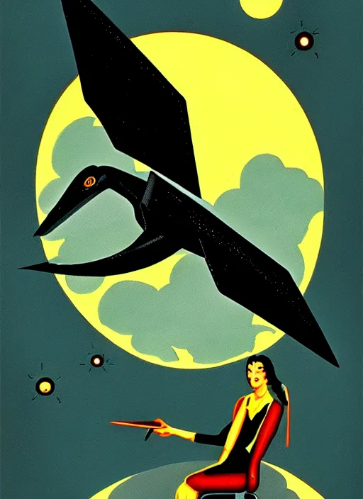 Prompt: retro dark vintage sci - fi : : 2 d matte dark gouache illustration : : dark empress of the pterodactyls