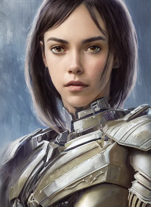 Image similar to a professional portrait of a beautiful young female, clothed in ethereal battle armor, olive skin, long dark hair, beautiful bone structure, symmetrical facial features, intricate, elegant, digital painting, concept art, smooth, sharp focus, finely detailed, illustration, from Valerian and the City of a Thousand Planets, in the style of Doug Chiang