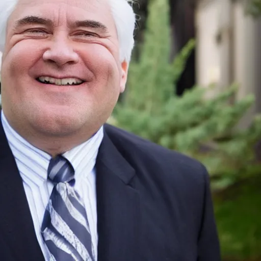 Image similar to close - up portrait of chubby chubby chubby white clean - shaven man in his sixties with white hair wearing a suit and tie, open mouthed smile,