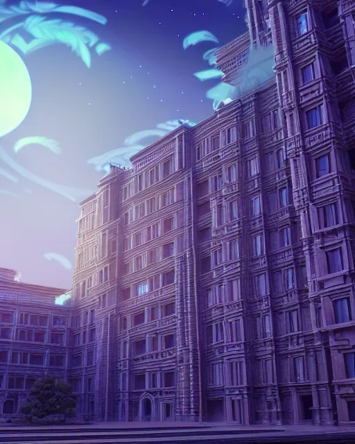 Image similar to a beautiful detailed highly detailed building unfinished building city architecture military hospital by louis kahn, apocalyptic sunlight uv light rainforest lightpaint at night studio ghibli at dusk myst at dawn retrowave synthwave nightsky cyberpunk, archdaily, wallpaper, highly detailed, trending on artstation.