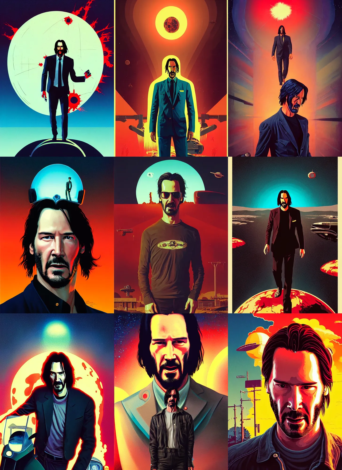 Prompt: retrofuturistic portrait of zombie keanu reeves in front of atomic bomb explosion, backlighting, space graphics art in background, close up, quint buchholz, wlop, dan mumford, artgerm, liam brazier, peter mohrbacher, raw, featured on artstation, octane render, cinematic, elegant, intricate, 8 k