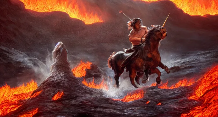 Image similar to Danny Devito riding unicorn in a lake of lava, concept art by Doug Chiang cinematic, realistic painting, high definition, digital art, symmetrical, very detailed, extremely high detail, photo realistic, concept art, unreal engine 5,