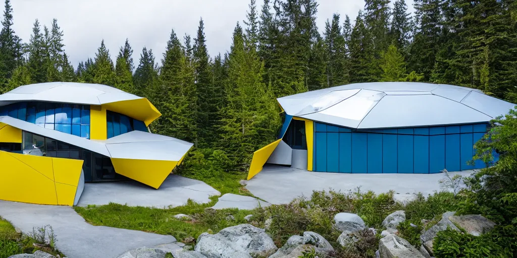 Image similar to large futuristic residence, white concrete, blue and yellow metal, many large green windows, pacific northwest, geodesic elements