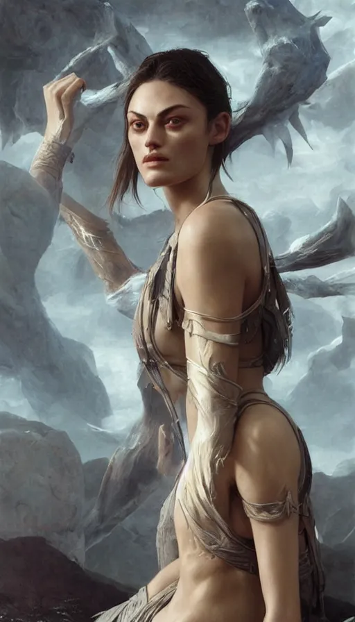Prompt: epic masterpiece phoebe tonkin, sweaty skin, hyperrealistic, octane render, cinematic, beautiful face and flawless skin, perfect hands, 5 fingers, by edgar maxence and ross tran and michael whelan, legends of runeterra