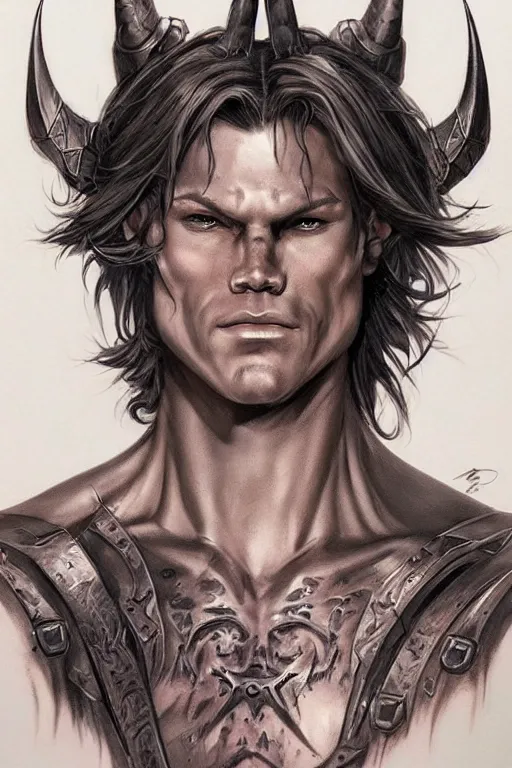 Prompt: face and torso portrait of pretty muscular sam winchester as a dark mage warrior tattooed, d & d!, fantasy style, sharp focus!, ultra detailed, art by artgerm and peter andrew jones, wlop