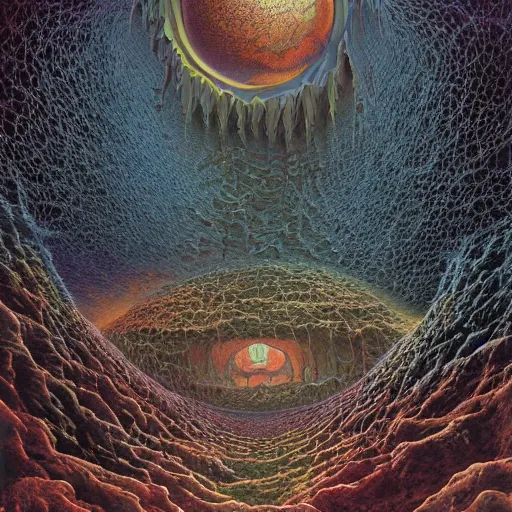 Image similar to a hybrid of the mandelbox and a barren hellscape populated by demons, illustrated by thomas kincade and wayne douglas barlowe and chris foss