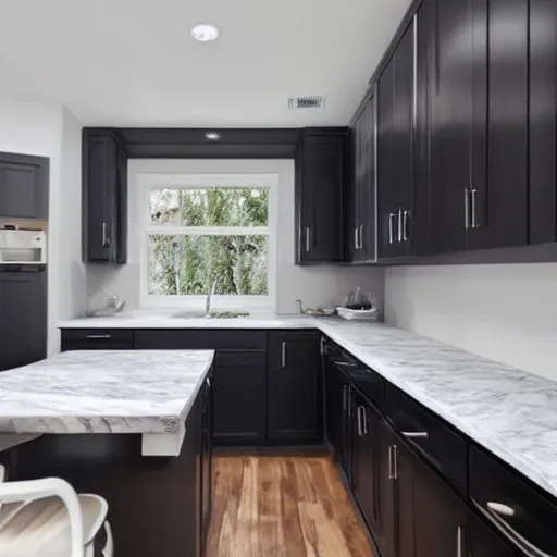 Prompt: basic kitchen, with white cabinets and a dark gray hardwood floor with marble countertops and black kitchen appliances, realistic photo, high, definition, studio quality