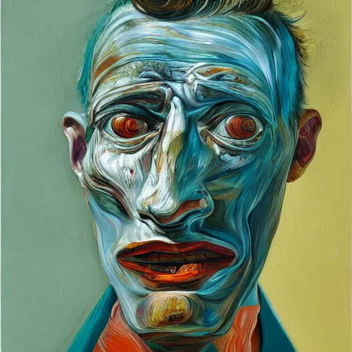 Image similar to high quality high detail painting of a man in agony by lucian freud and jenny saville and francis bacon, hd, anxiety, turquoise and orange